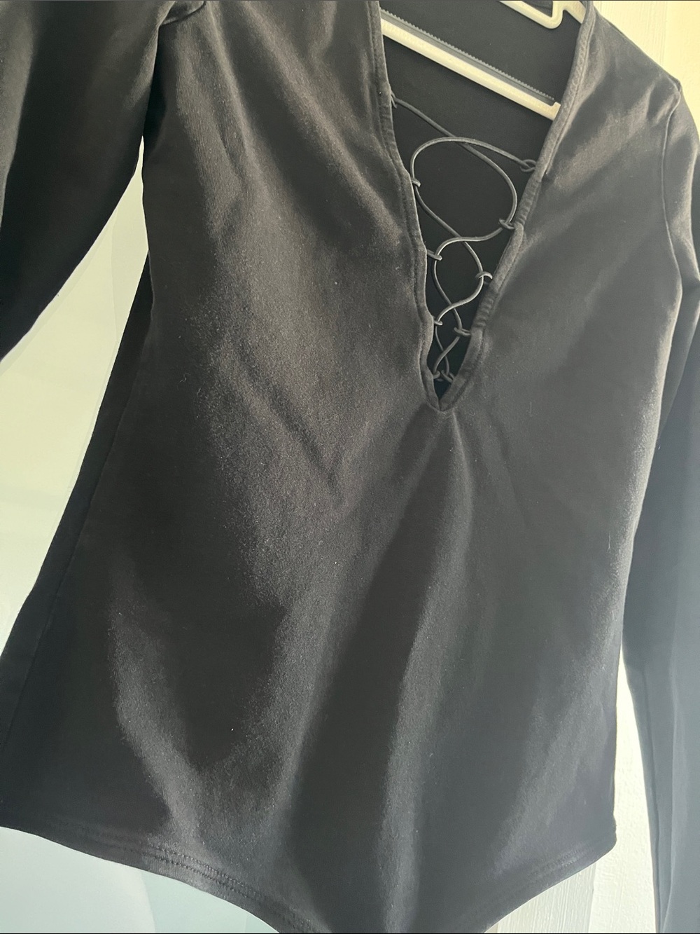 Guess Black Long-Sleeve Lace-Up V-Neck Bodysuit - Picture 4 of 7